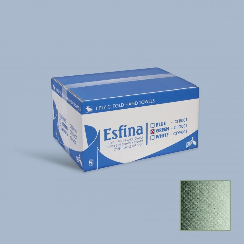 Esfina C-Fold Hand Towels - Green 1 Ply - Pack of 15 Sleeves (2850 Towels)